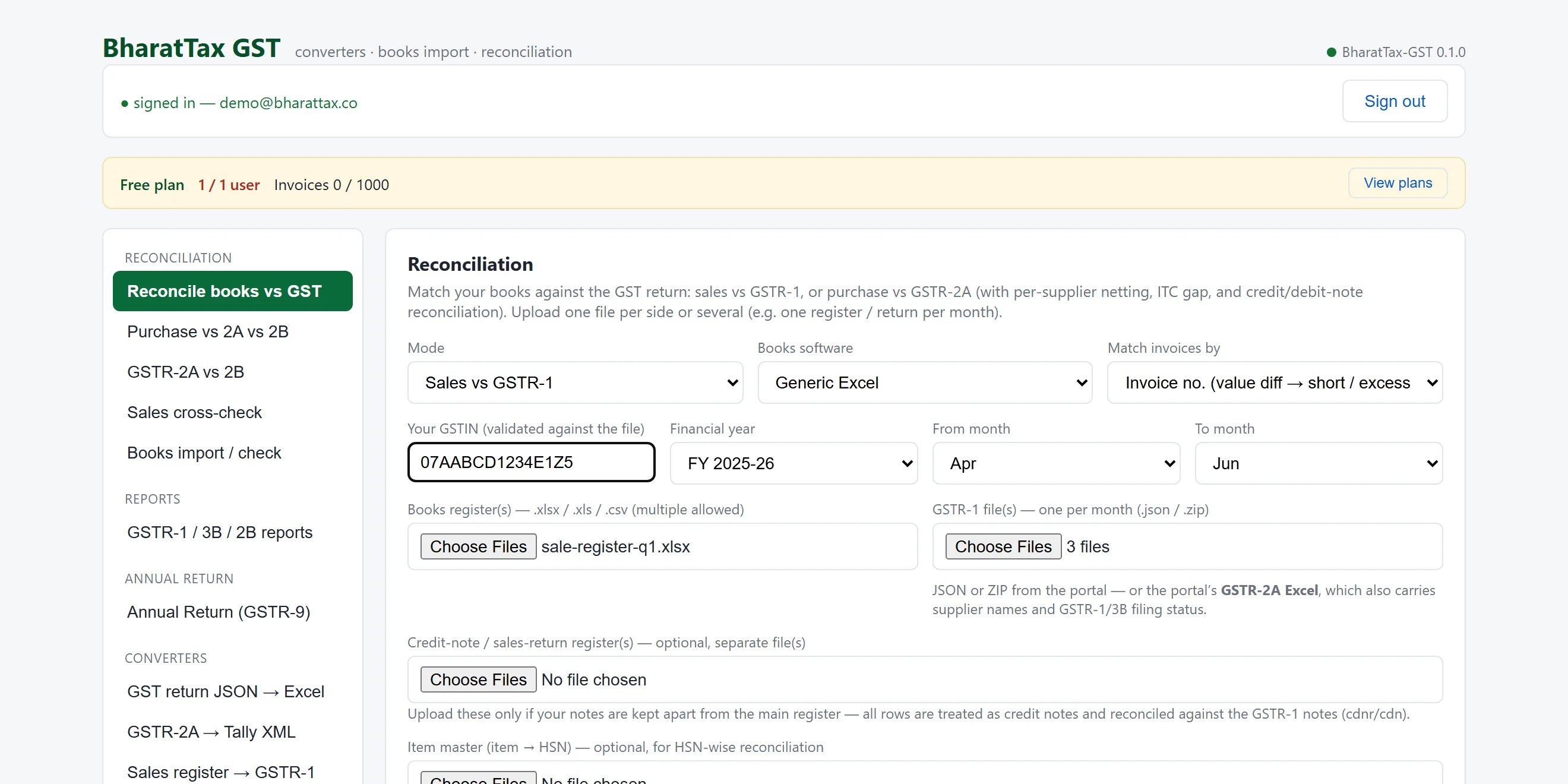 A quarter of sales and three monthly GSTR-1 JSONs, ready to run.