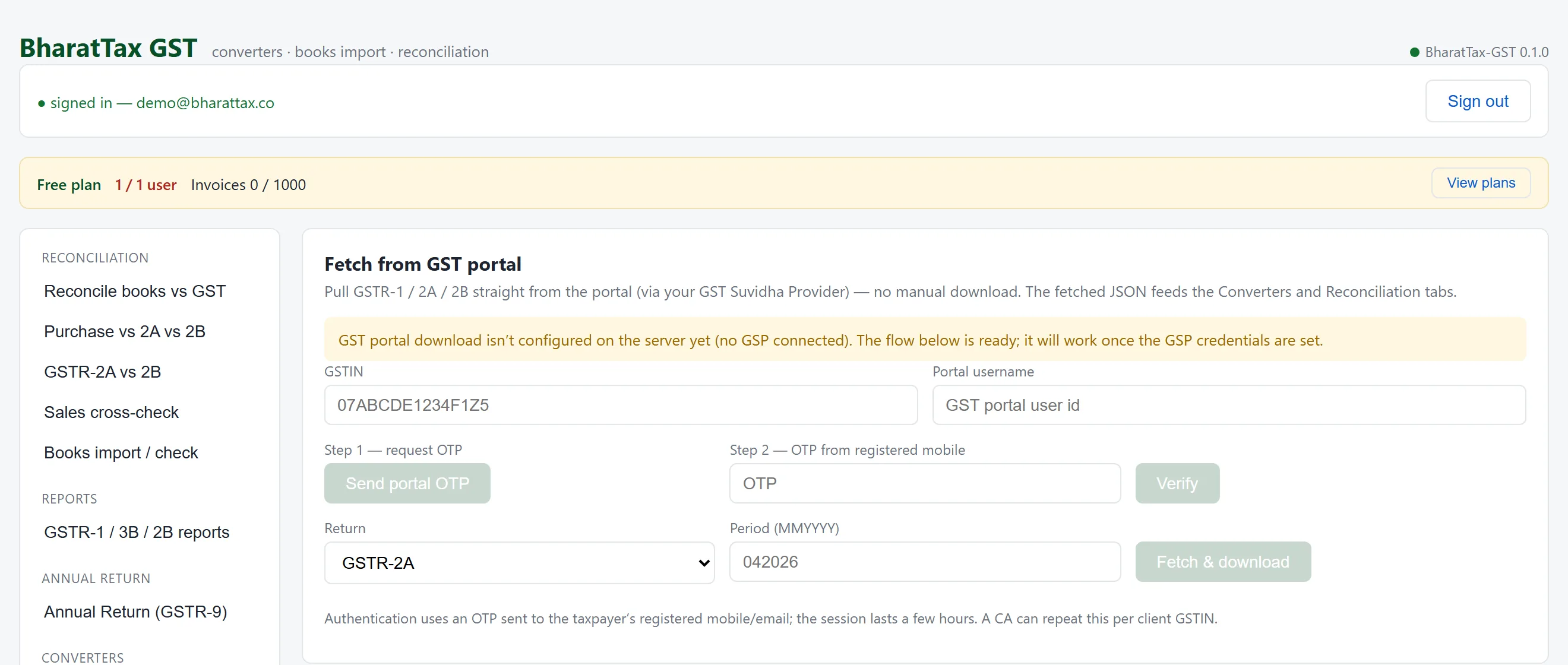 Portal fetch. Pull GSTR-1, 2A and 2B straight from the portal through your GST Suvidha Provider, instead of downloading them by hand.